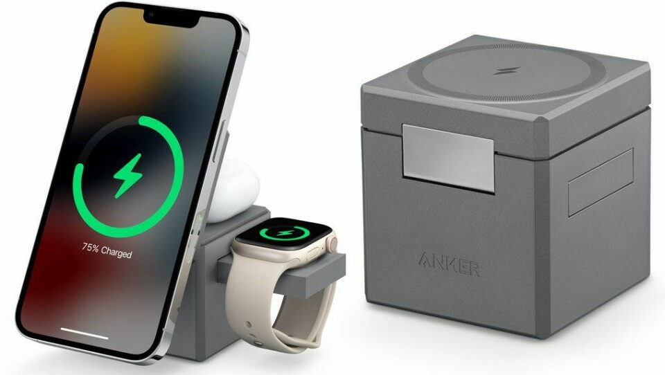 Anker 3-i-1-kub med Magsafe är en laddningskub för Apple-prylar där du kan ladda Iphone, Aipords och Apple Watch samtidigt.