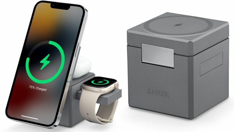 Anker 3-i-1-kub med Magsafe är en laddningskub för Apple-prylar där du kan ladda Iphone, Aipords och Apple Watch samtidigt. Anker 3-i-1-kub med Magsafe är en laddningskub för Apple-prylar där du kan ladda Iphone, Aipords och Apple Watch samtidigt.